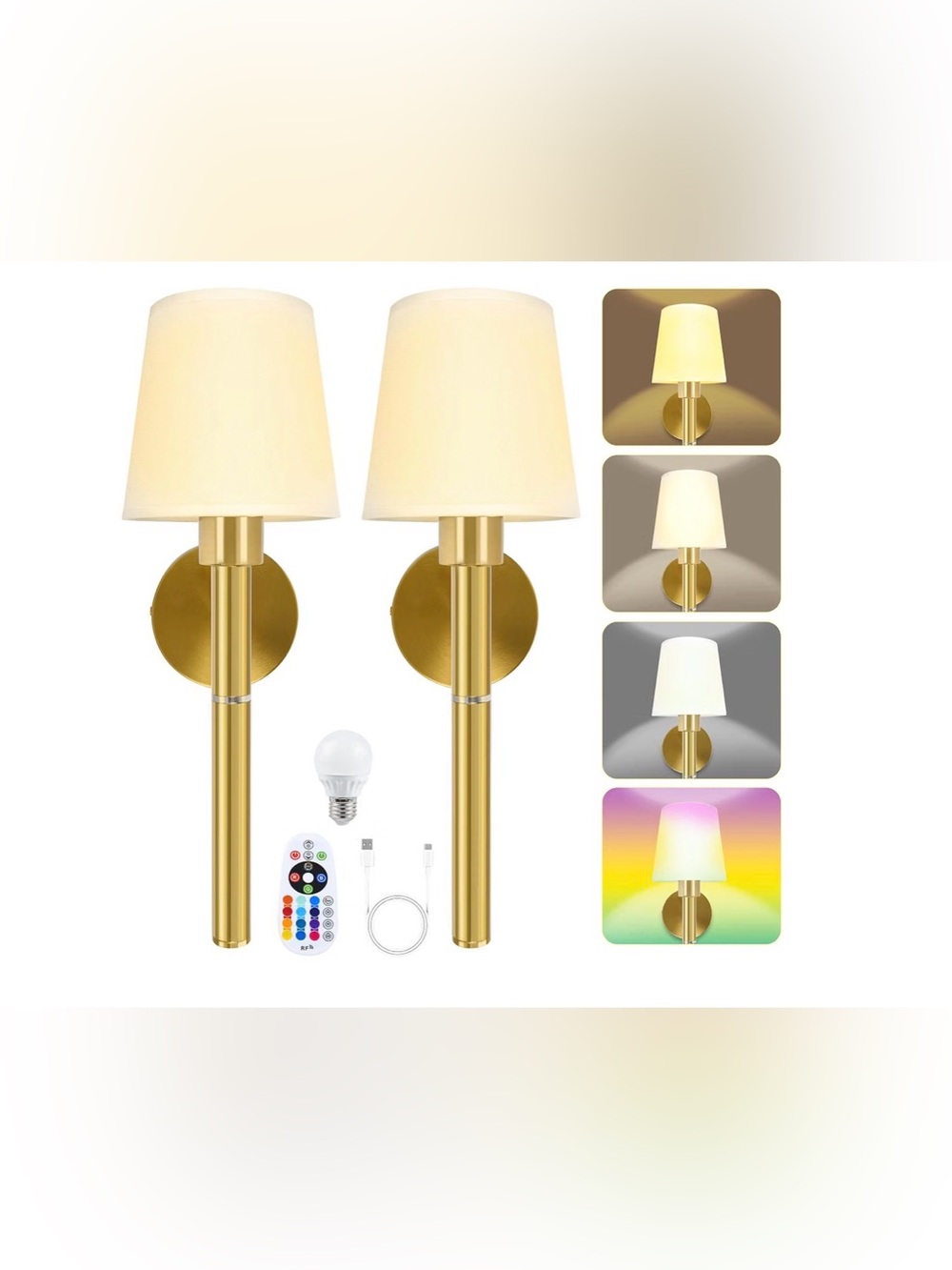 Battery Operated Wall Sconce Set of 2, Wireless Gold Wall Lights with 5200mAh,12